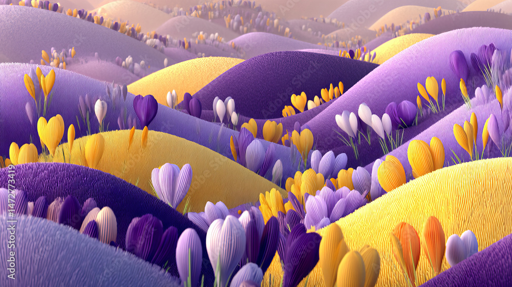 Obraz premium Stylized hills with crocuses in purple and yellow colors