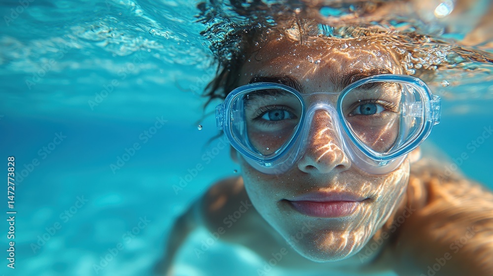 Naklejka premium Close-up underwater portrait of a child wearing goggles.