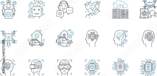 Artificial intelligence icons, such as digital brain, robot, machine learning, smart home and more. Editable stroke.