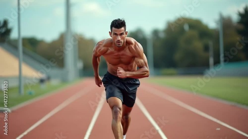 Muscular athlete sprinting on outdoor track during training session in pleasant weather
