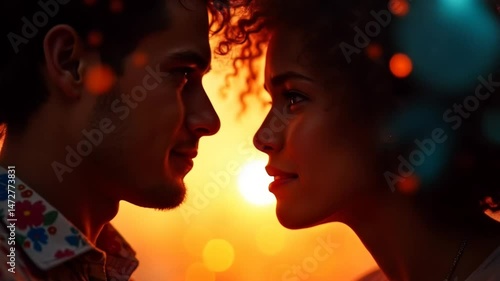 Romantic moment between two young lovers during sunset at a vibrant outdoor festival