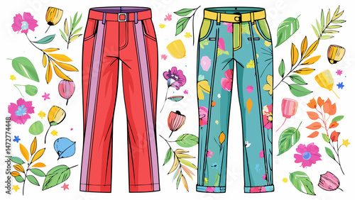 women's pant Fashion Flat Sketch Vector Illustration, CAD, Technical Drawing, Flat Drawing, Template, Mockup.