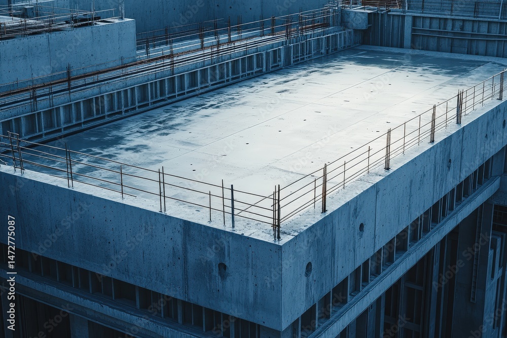 Fototapeta premium Concrete rooftop construction site with safety railings under natural light