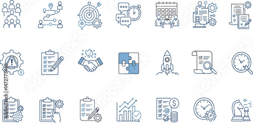 Project management icon set. Collection of collaboration, workflow, milestones, deadlines and more