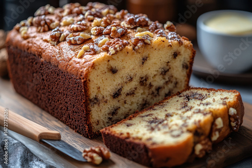 Loaf of bread with nuts on cutting board.
