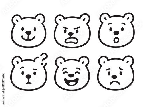 A collection of six hand-drawn bear face emoticons in a minimalist black and white style. Each bear displays a distinct emotion: happiness, anger, surprise, confusion, laughter, and sadness.