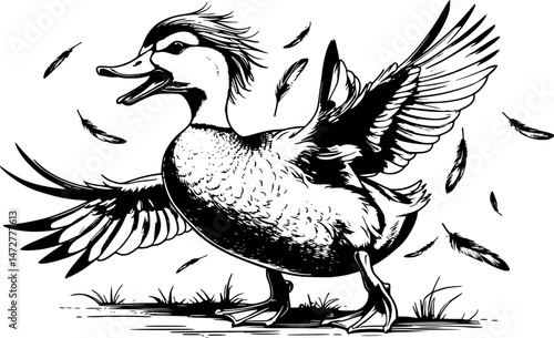 Raging duck in engraved vector style isolated on white