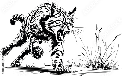Vector engraving of a feral wildcat pouncing in rage isolated