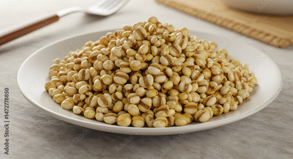Pile Of Job's Tears Seeds On A White Plate With Cutlery Pile Of Job's Tears Seeds On A White Plate With Cutlery