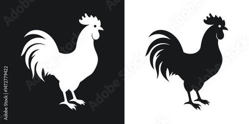 Silhouetted rooster illustration depicting opposite colors on black and white backgrounds, farm animal