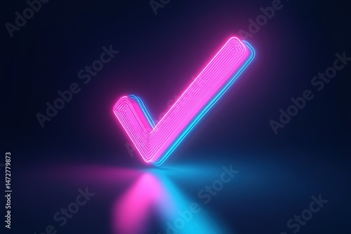 Blue and pink color light glowing check mark icon. Check mark symbol glowing neon light