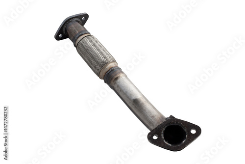 Εκτύπωση καμβά Rusty automotive flex pipe with woven metal mesh and mounting flange, used for vibration control and emission system routing