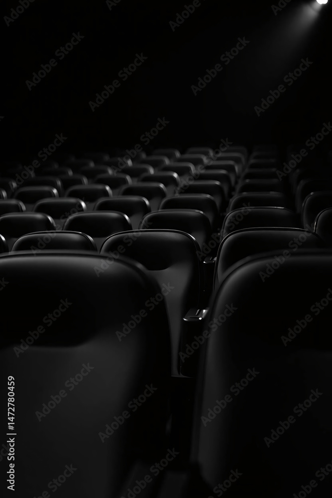 Obraz premium Rows of empty theater seats in a dark auditorium, black and white perspective.