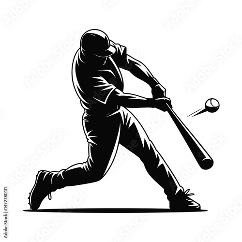 Baseball player swinging bat and hitting ball in dynamic action pose