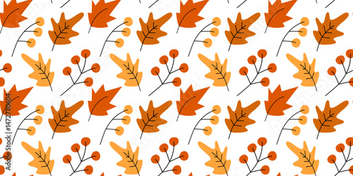 Oak and Maple leaves and twigs Seamless Pattern Autumn Background or Wallpaper Fall Artistic Design