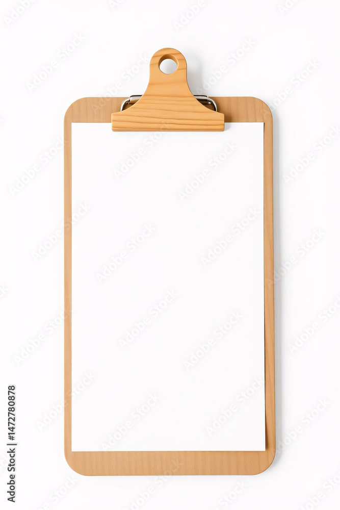 A wooden clipboard with a blank sheet of paper attached by a metal clip. A wooden clipboard with a blank sheet of paper attached by a metal clip.