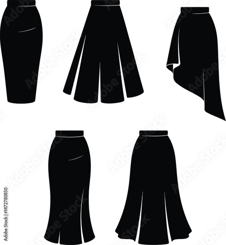 Fashion silhouettes of various black skirts showcasing different design styles