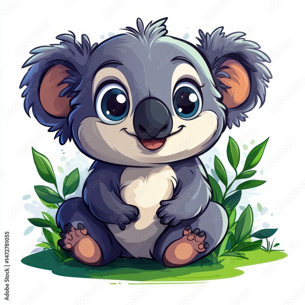 Obraz premium Cute Cartoon Koala Illustration: Playful Animal Character in Forest Greenery