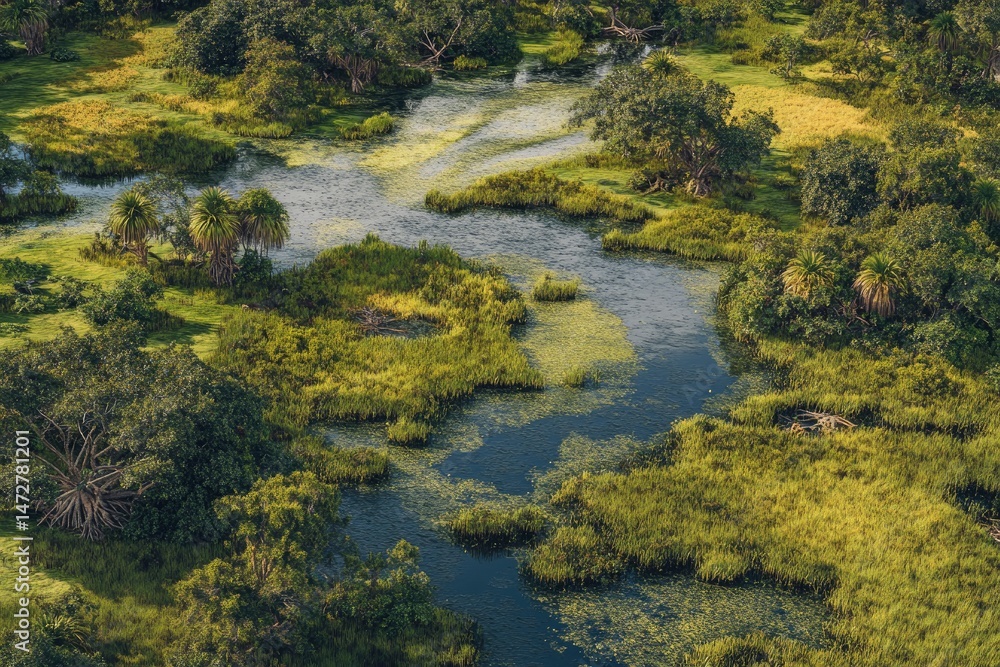 Serene Swamp Landscape: Lush Greenery, Tranquil Waters Serene Swamp Landscape: Lush Greenery, Tranquil Waters