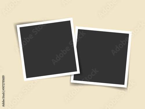 Two square photo frames collage with shadows. Realistic vector overlapping blank photos. Isolated vector mockup. Great for social media, scrapbooking, gallery design, digital photo album layout