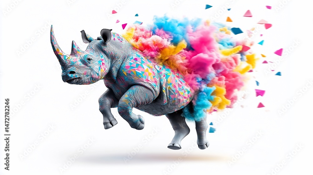 Obraz premium Colorful rhino illustration with cloud of vibrant paint behind it