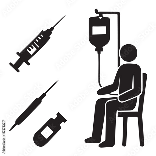Injection and IV Therapy Silhouettes – Syringe, Infusion Bag, Patient Receiving Treatment