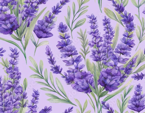 watercolor seamless pattern with lavender hand drawn floral illustration