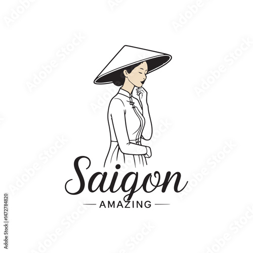 A stylized drawing of a woman wearing a conical hat and a traditional Vietnamese dress standing logo
