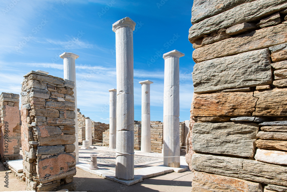 Fototapeta premium Delos island Archeological Site (in Greek Αρχαιολογικός Χώρος Δήλου) House of Dionysos near Mykonos Island South Aegean Region (Südliche Ägäis) Greece