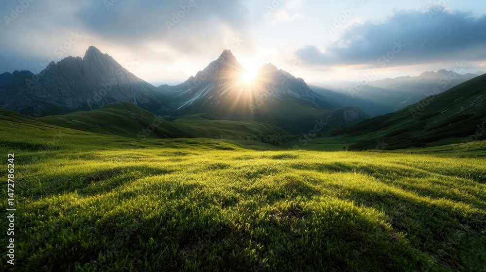 Fototapeta premium An awe-inspiring view of majestic mountains illuminated by a golden sunrise casts a serene atmosphere over a lush green valley, epitomizing nature's beauty and tranquility.