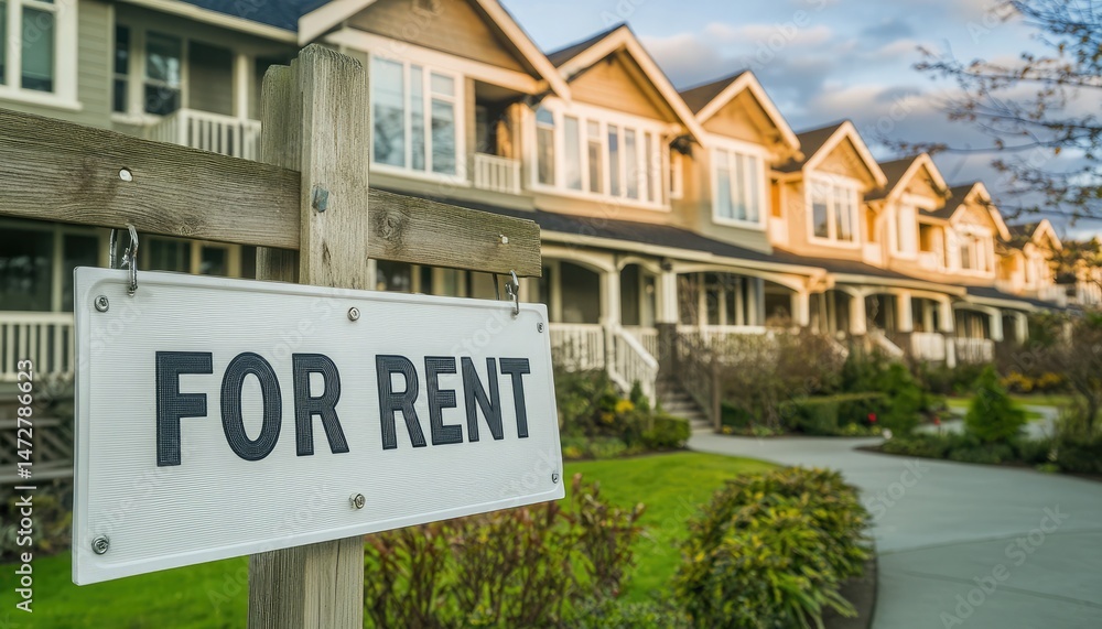 Obraz premium For Rent sign with row of houses and green lawn behind a white picket fence