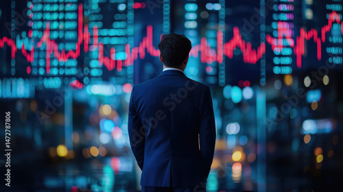 A businessman stands before a large screen displaying dynamic stock market data, illuminated by city lights