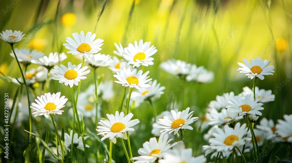 Fototapeta premium A field of bright white daisies in sunny meadow light.