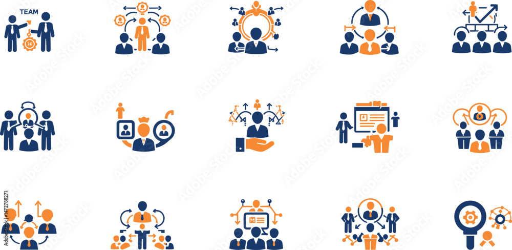 Fototapeta premium Teamwork icon set. Collection of cooperation, team target, leadership, collaboration and more. Vector illustration