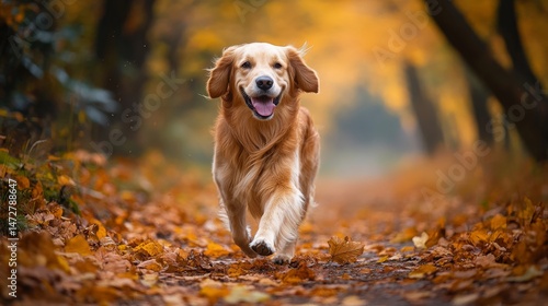 A cheerful golden retriever joyfully runs through a forest path covered in autumn leaves. This image captures the essence of playfulness and freedom. Generative AI