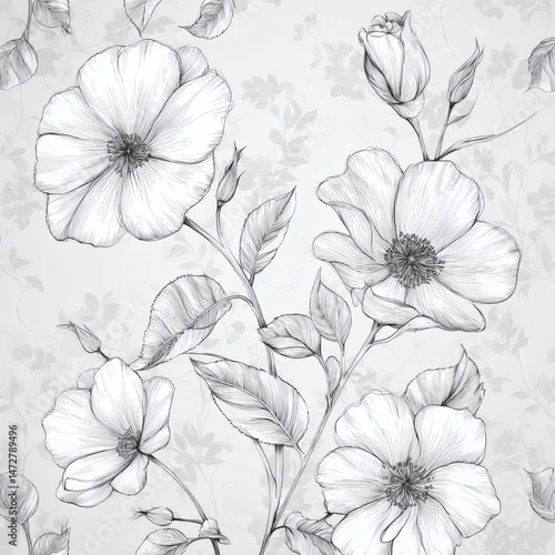 Wallpaper Mural A beautiful black and white floral illustration, featuring detailed blossoms and leaves. Torontodigital.ca