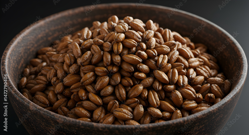 Fototapeta premium Roasted Malt Grains Overflowing Rustic Bowl Against Dark Background Still Life