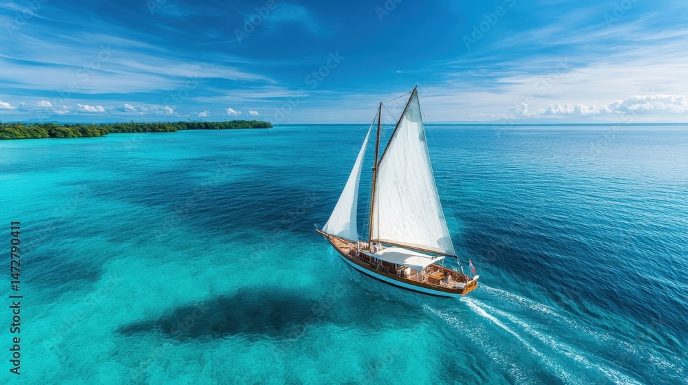Obraz premium A picturesque sailing boat navigating through clear turquoise waters, capturing the essence of adventure and the beauty of nature in a serene and tranquil seascape.