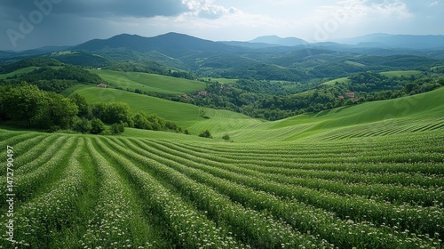 Wallpaper Mural Rolling green hills with patterns leading to distant mountains, under a cloudy sky Torontodigital.ca