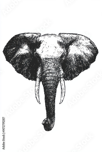Elephant head, Animals , Pop Art, Art Poster, Screenprint, Isolated white background, In the style of detailed ink drawing