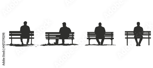 Solitary Figures Sitting on Park Benches Silhouette Illustration Design Graphic