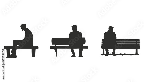 Solitary Figures Sitting on Park Benches Silhouettes Graphic Design Element