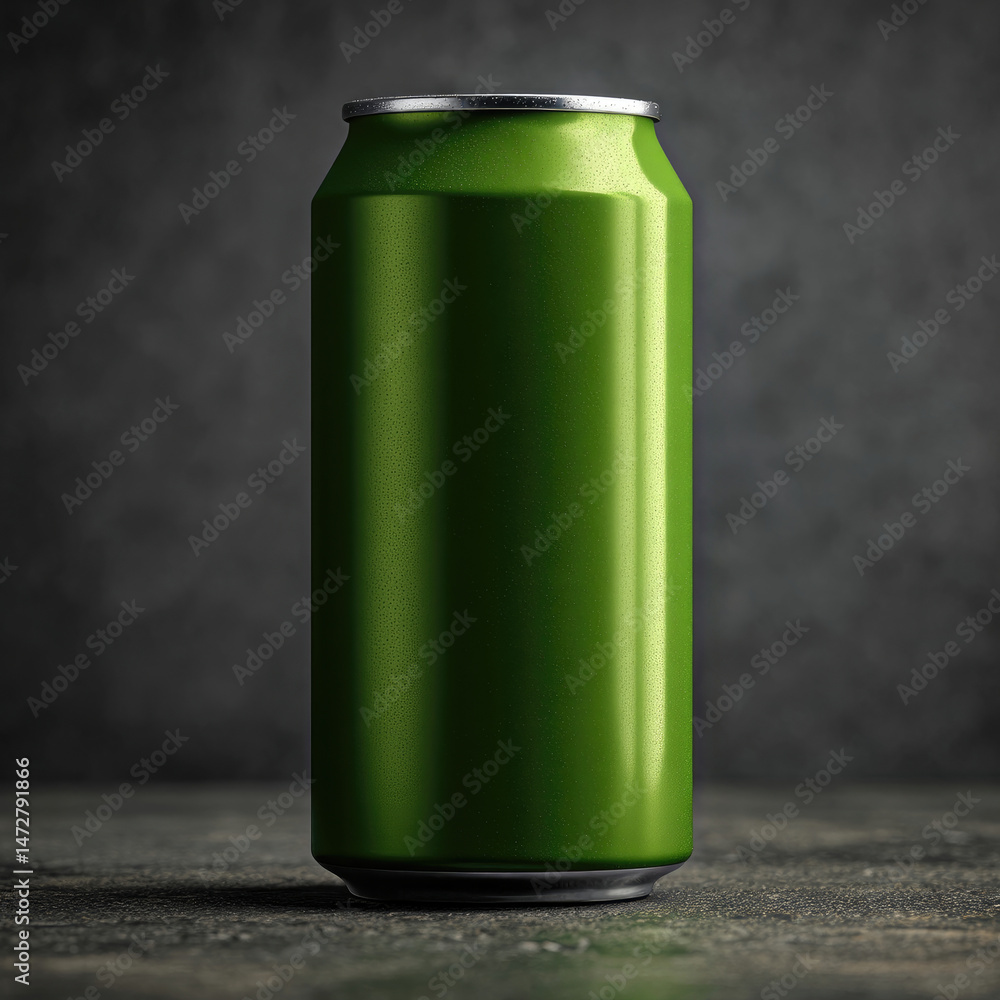 Fototapeta premium Sleek green aluminum beverage can on dark surface