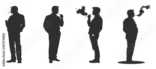 Four Stylish Male Silhouettes Smoking Pipes Against a Transparent Background A Vintage Graphic Design Element