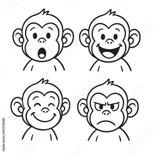 A set of four cartoon monkey faces showing different emotions in a clean black and white line art style. The expressions include surprise, joy, calm happiness, and anger.