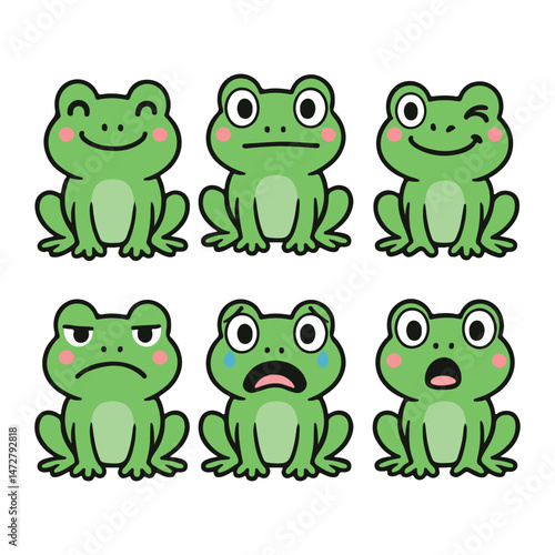 A set of six adorable cartoon frog illustrations showcasing various facial expressions and emotions. Each frog is drawn in a kawaii style with bright green colors and pink cheeks.