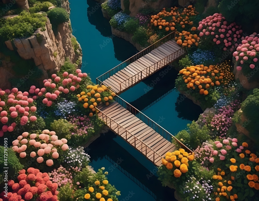 Fototapeta premium Floral River Landscape with Wooden Bridges
