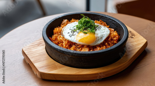 Savory kimchi fried rice topped with a sunny-side-up egg, served in a stone bowl on a wooden tray