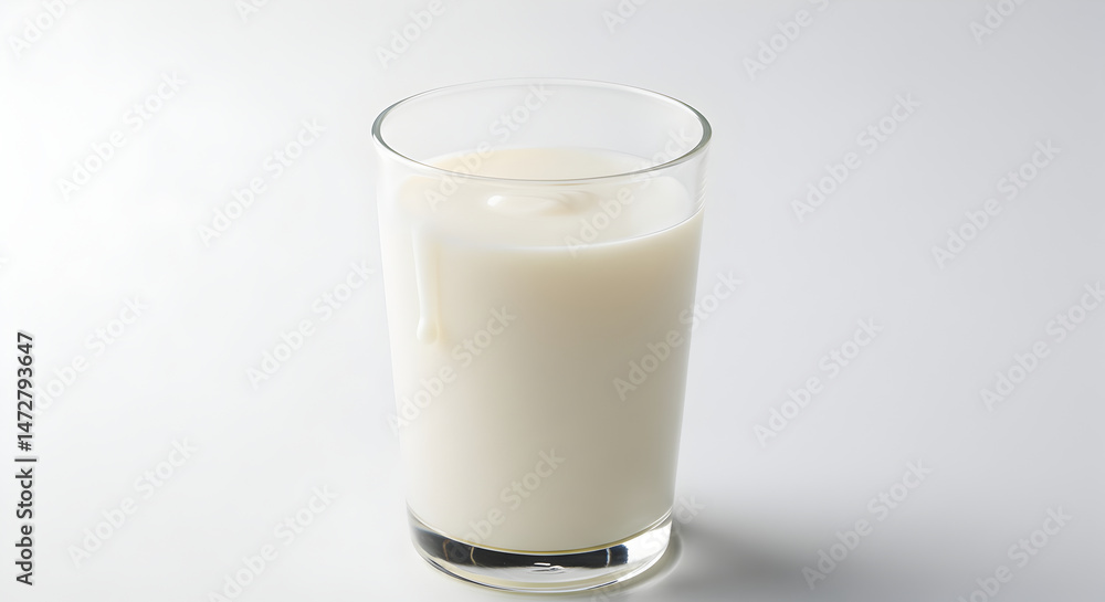 Full Glass Of Fresh Milk Against White Backdrop In Studio Setting Full Glass Of Fresh Milk Against White Backdrop In Studio Setting