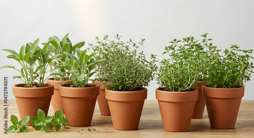 Fresh Herbs In Terracotta Pots On Wooden Table For Cooking Fresh Herbs In Terracotta Pots On Wooden Table For Cooking